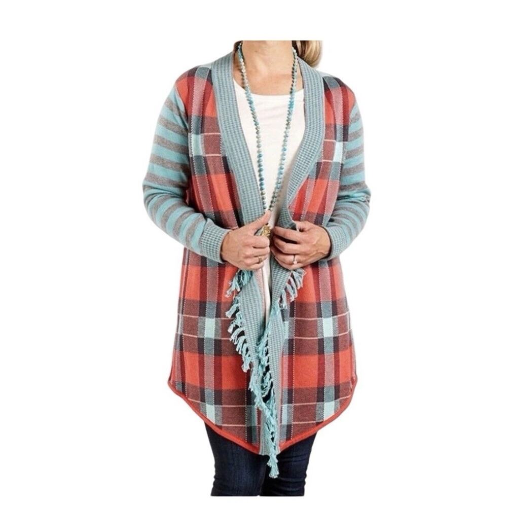 Matilda Jane Steadfast Sweater Cardigan Size Large Plaid Open Front Fringe Hem